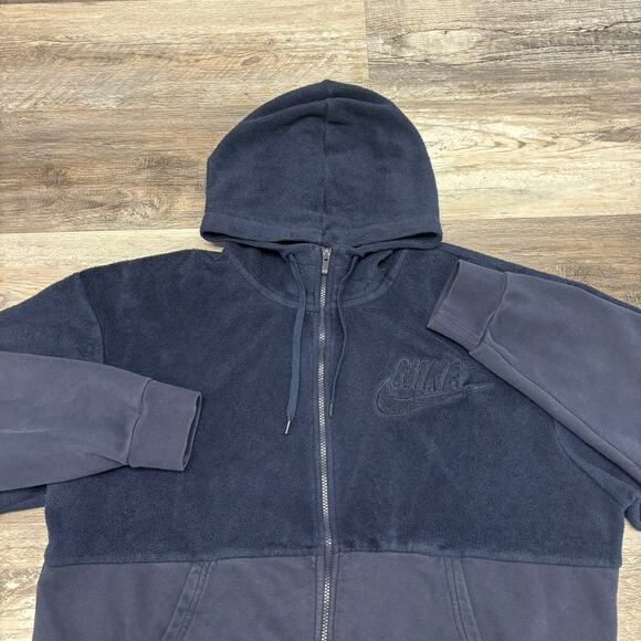 Nike Sportswear Velour Navy Blue Mens XL Swoosh Zip Up Jacket Fleece Hoodie - Picture 3 of 10